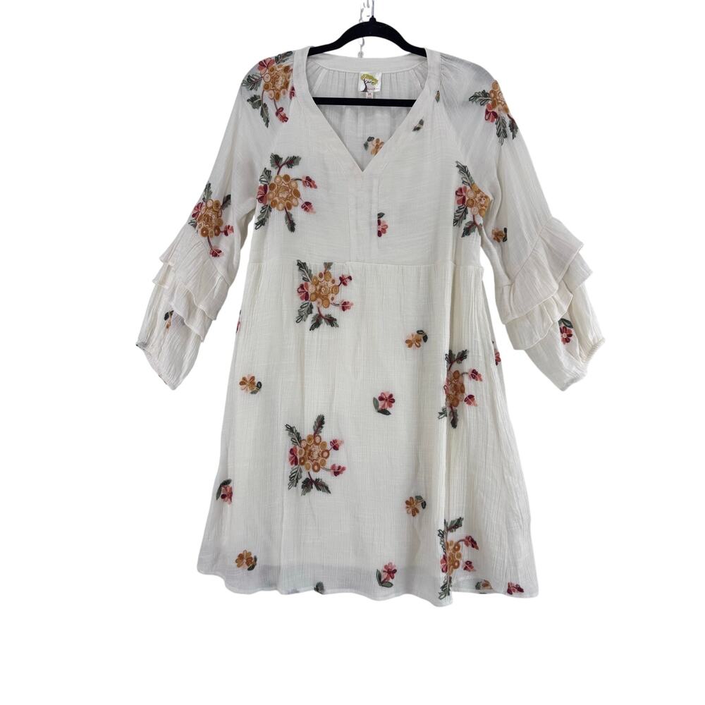 Anthropologie Fly & Flower Cream Embroidered Boho Dress sz M Ruffle Cottagecore